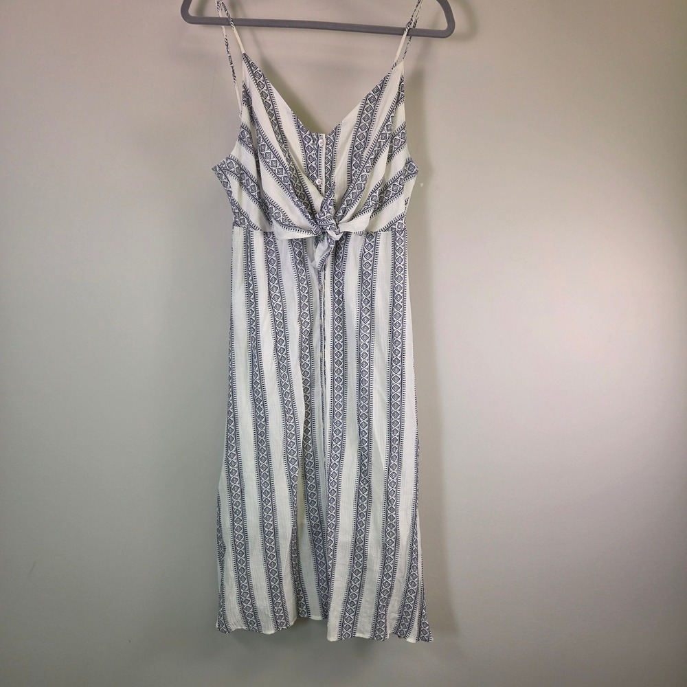 Promesa Womens Blue White Geometric Stripe Tie Front Button Midi Dress Large
